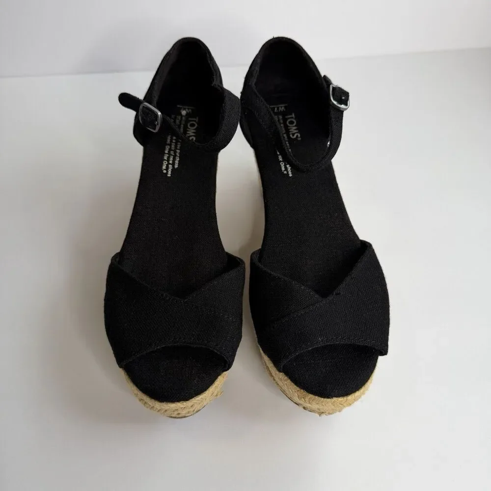 TOMS Black Canvas Peep Toe Jute Wedge Heel‎ Espadrille Sandals Sz 7